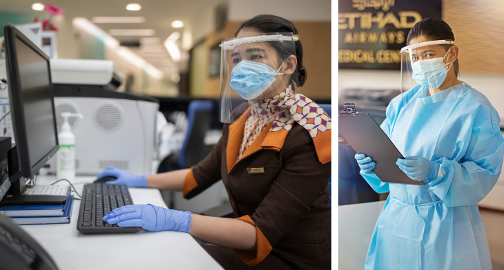Etihad staff wearing 3D-printed masks