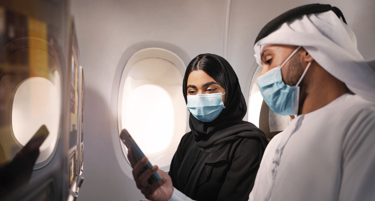 Etihad Airways passengers wearing masks