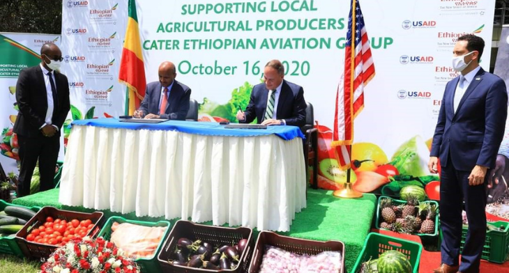 Ethiopian Airlines Group CEO Mr. Tewolde GebreMariam and U.S. Ambassador Michael Raynor signed a memorandum of understanding in which the U.S. Agency for International Development (USAID) will provide Ethiopian farmers and food producers technical assistance and access to financing