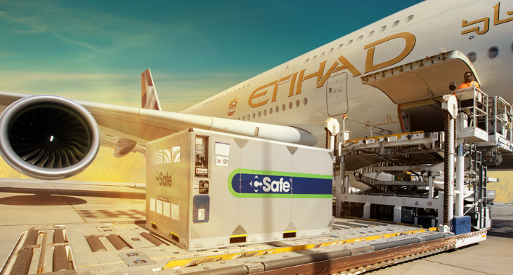 Etihad Cargo loading CSafe RAP Container for large pharmaceutical shipments