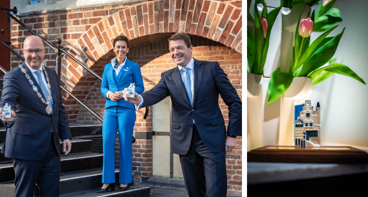 Mayor of 's-Hertogenbosch Jack Mikkers receives the 101st KLM miniature house from KLM president & CEO Pieter Elbers