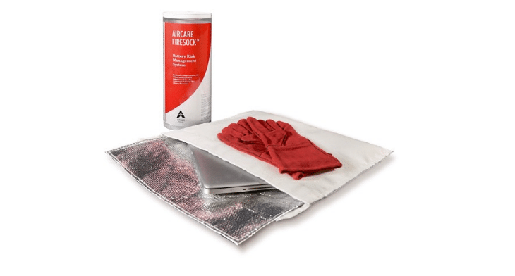 Aircare Firesock containment bag, heat resistant cloves and a resealable storage container