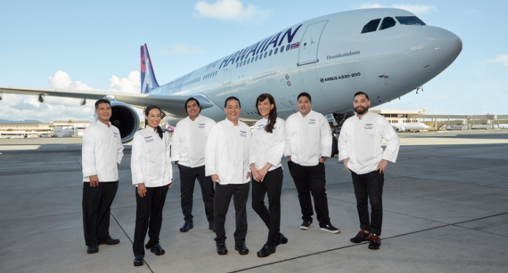 Lineup of Hawaiian's Executive Chef duo surrounded by the carrier's Featured Chefs