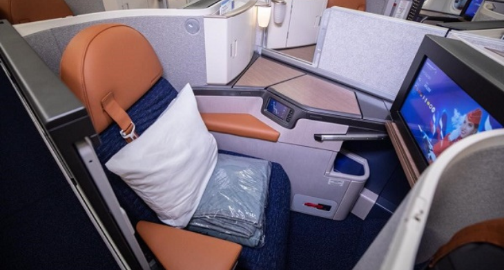 Business class on Aeroflot's retrofitted cabin on its Boeing 777 aircraft.