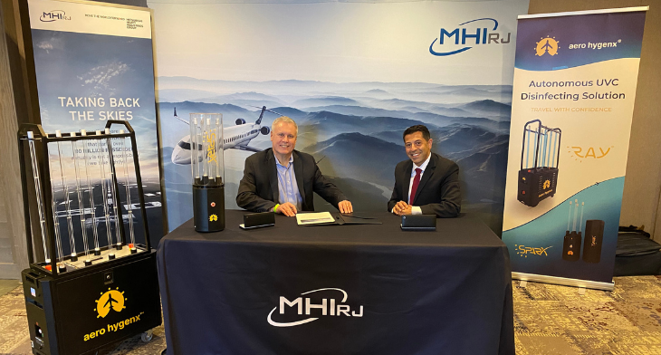 Robert Duffield, Head of Aftermarket Customer and Product Support, and Arash Mahin, Aero HygenX CEO cooperation agreement at a MHI Aviation Group Technical Steering committee meeting in Saint-Sauveur, Quebec.