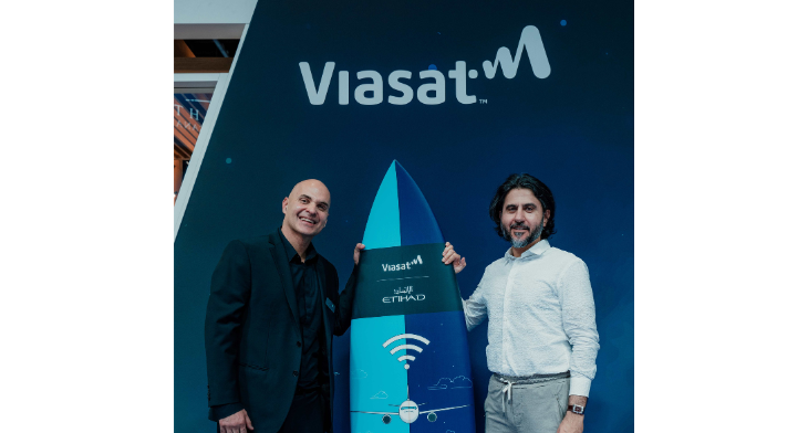 photo from AIX 2023 that includes: Mohammed Al-Bulooki, Chief Operating Officer, Etihad Airways Meherwan Polad, Chief Commercial Officer, Global Enterprise & Mobility at Viasat